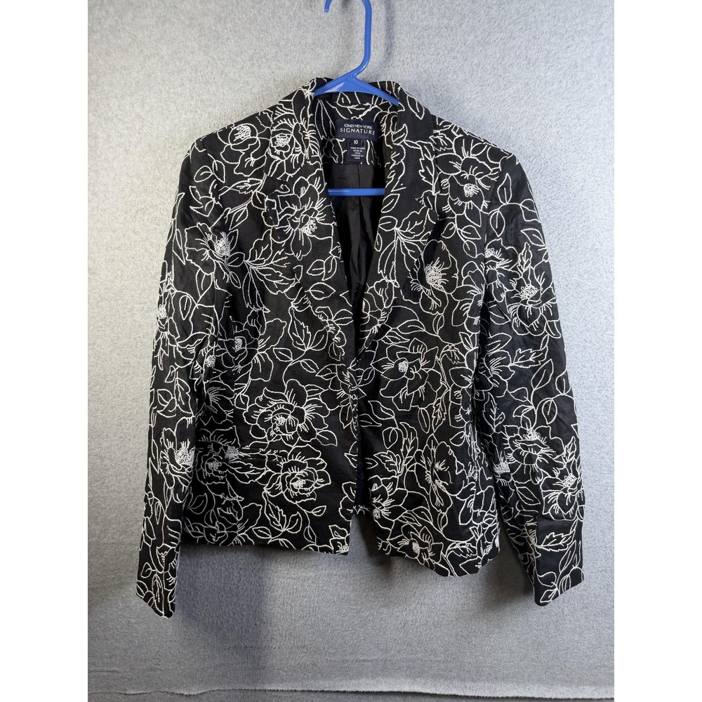 Jones New York Signature Blazer Womens 10 Black Linen Floral Embroidered Jacket